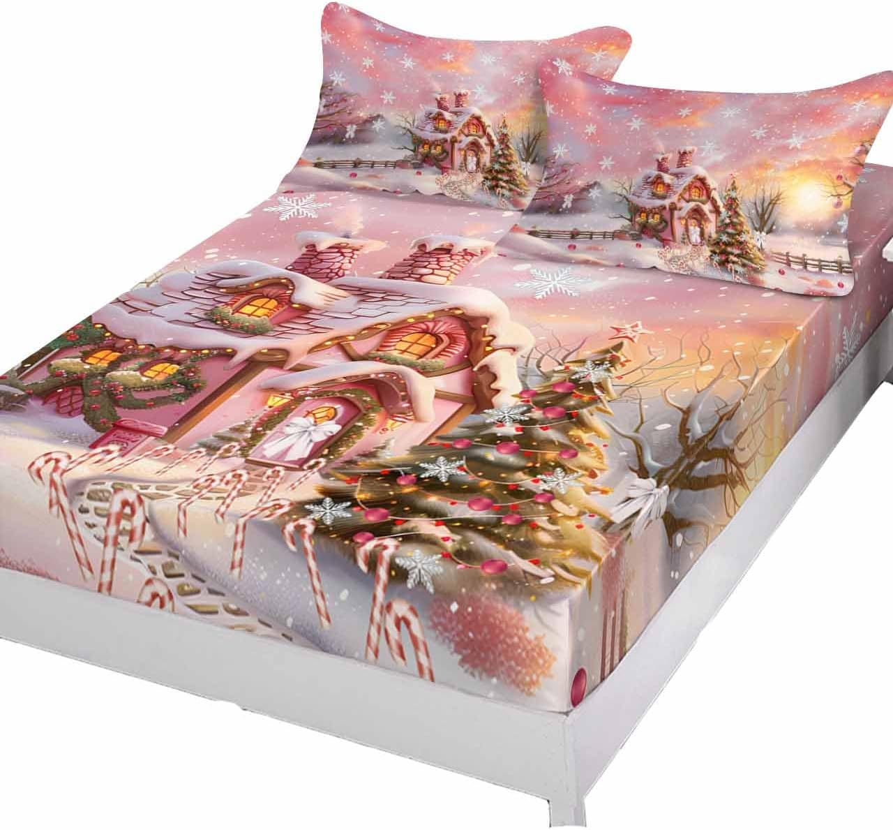 Christmas Pink Candy Cabin Tree Twin Size 2 Piece Fitted Bed Sheet Set,Deep Pocket Fitted Sheet and Pillowcase Sets, Winter Snowflake Ornament Country Brushed Microfiber Hotel Luxury Bed Sheets