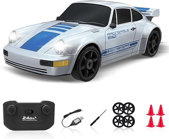 RC Drift Car, 2.4GHz Remote Control Car with LED Light, 1/24 4WD High Speed Drifting RC Cars with Two Rechargeable Batteries and Drift Tires, Toy Cars for Kids Adults, Silver