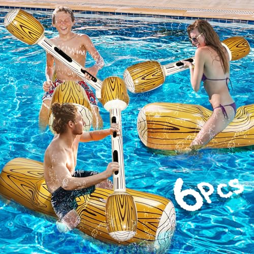 6 Pcs Jumbo Inflatable Battle Log Rafts Pool Toys for 3 Players Pool Games for Kids Adults,Inflatable Floating Row Pool Floats for Kids Ages 6-8,8-12,Adult and Family Summer Swimming Pool Party Beach