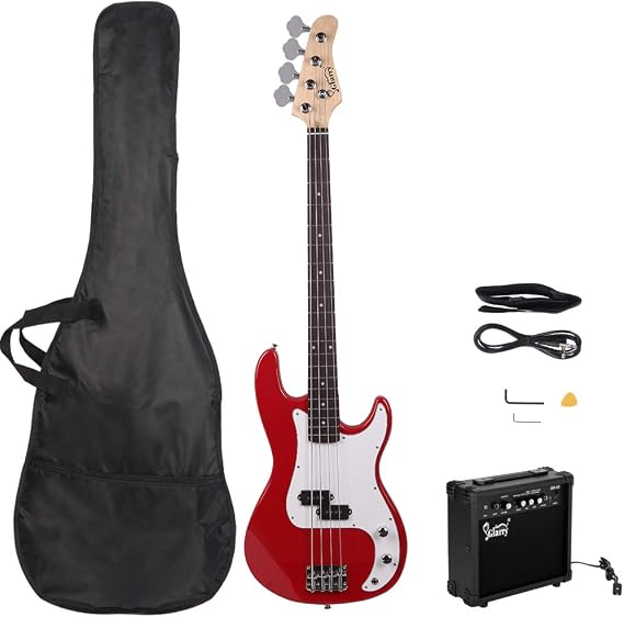 GLARRY Full Size Electric Bass Guitar Beginner Kit 4 String Exquisite Basswood Bass with 20W AMP, Cable, Strap, Bag and Accessories (Red)