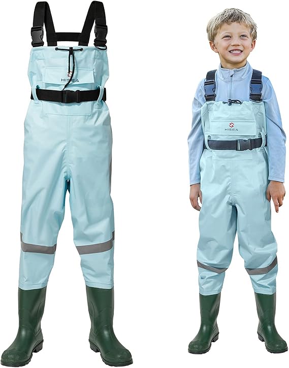 HISEA Kids Chest Waders with Boots Youth Waterproof Fishing Wader for Boy | Reflective Design, 2-Ply Nylon/PVC, for Toddler Children, with Boot Hanger