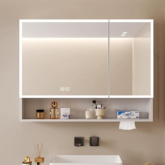 Mirror with Medicine Cabinet, Stepless Dimming, One-Touch Defogging, Surrounding Light, Bathroom Vanity with Partitioned Storage, Contemporary Style
