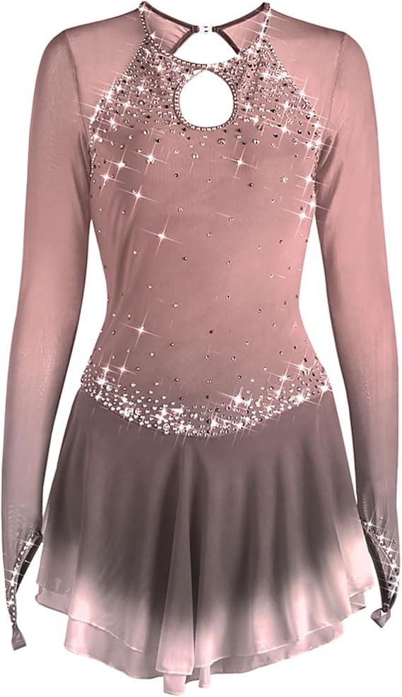 Girl's Elegant Figure Skating Dress, Women's Long Sleeve High Elasticity Ice Skating Dress for Competition