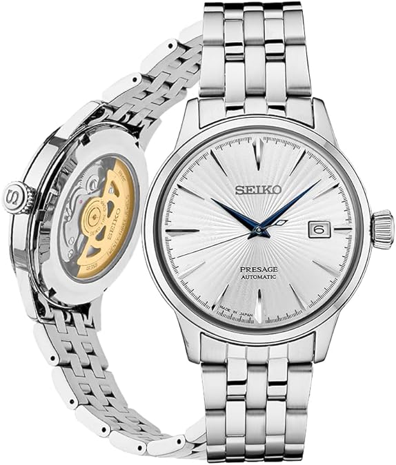 SEIKO Automatic Watch for Men - Presage Cocktail Time - Patterned Dial | Gloss Finish, Date Calendar, Stainless Steel, Water-Resistant 50M, 41-Hour Reserve Power, See-Through Caseback