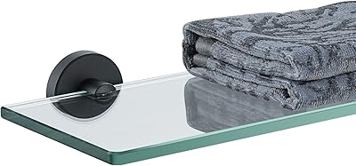 JQK Bathroom Glass Shelf Black, Tempered Glass Shower Storage 16 by 5 inches, 304 Stainless Steel Matte Black Wall Mount, TGS101L16-PB