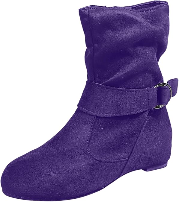 Ankle Boots for Women Winter Vintage Buckle Round Toe Low Heel Ankle Booties with Side Zipper Casual Comfortable Slip On Flats