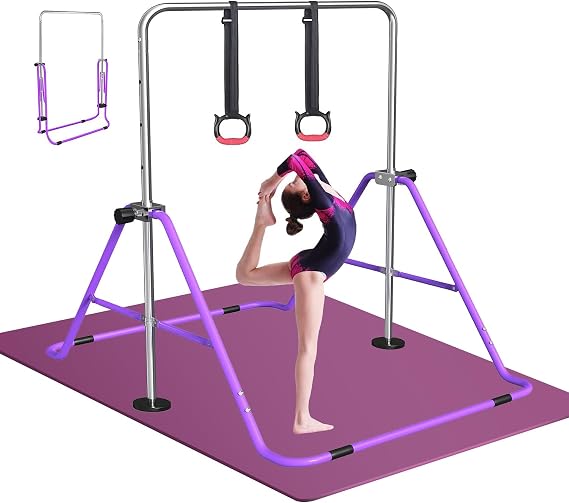 FBSPORT Gymnastics Bar, Folding Horizontal Bar Gymnastics Equipment for Kids Home Training, Expandable Gymnastics Training Bar Junior with Adjustable Height for Girls Boys