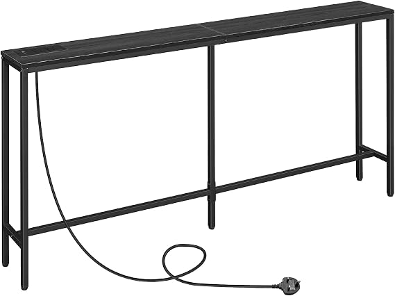 MAHANCRIS Console Table with Power Outlet, 180 cm Narrow Sofa Table, Industrial Entryway Table with USB Ports, Behind Couch Table for Entryway, Hallway, Living Room, Bedroom, Black ACTHB18KE01N1