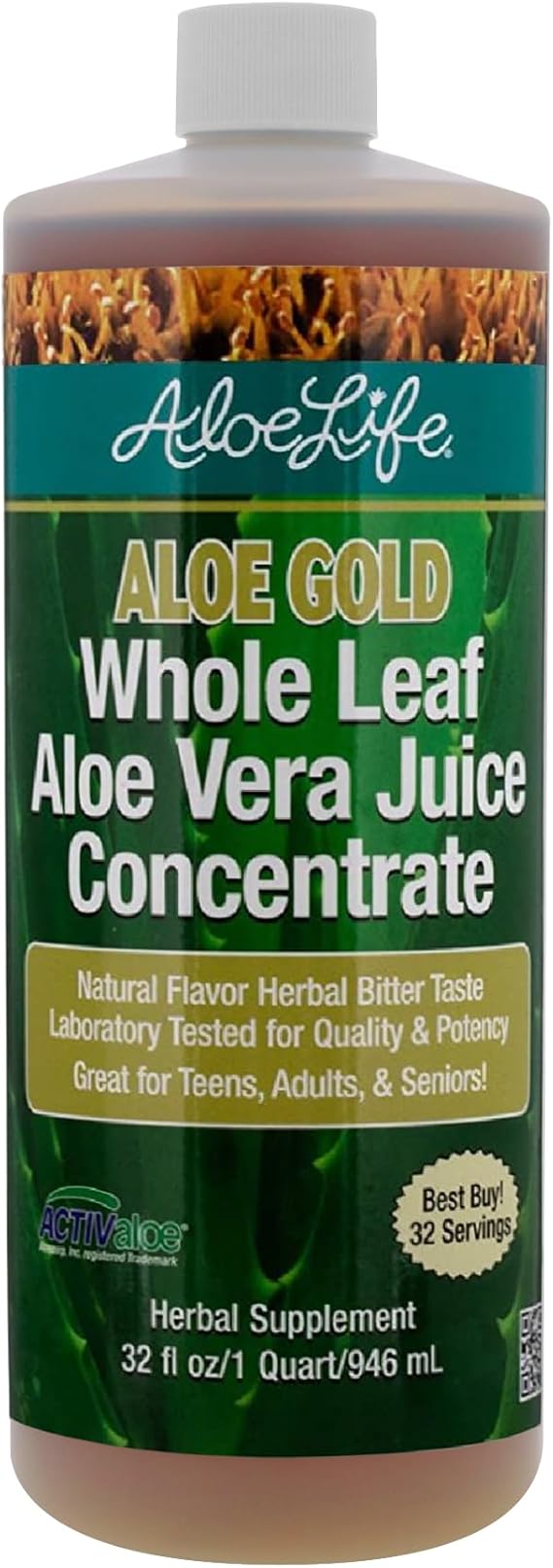 Aloe Life - Whole Leaf Aloe Vera Juice, Certified Organic, Gluten-Free (Aloe Gold, 32 oz)
