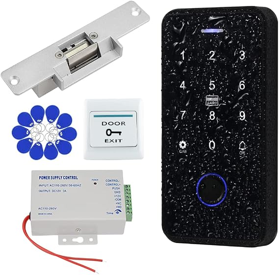 Bluetooth Tuya Door Access Control System Kit IP68 Waterproof NFC RFID Fingerprint Keyboard + NC Fail Safe Electric Strike Locks + DC12V Power Supply + 10pcs 13.56Mz Keyfobs