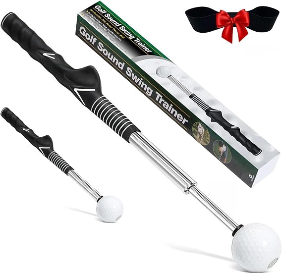Retractable Golf Swing Trainer, Right-Handed Grip and Arm Band | Click Feedback Golf Training Aid for Grip Correction, Tempo, Release Timing, Indoor Practice and Warm-Up