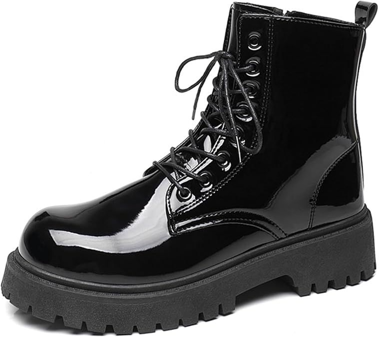 Men's Patent Leather Black Platform Boots Round Toe Lace Up Ankle Boot Comfort Waterproof Non-Slip Combat Booties
