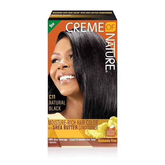 Moisture Rich Liquid Hair Color by Creme of Nature, C11 Natural Black, with Shea Butter Conditioner, 1 Application