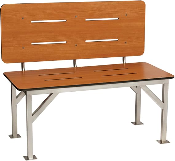 Seachrome Stationary Shower Bench with Back Rest, ADA, Solid Teak Phenolic
