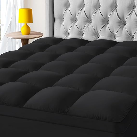 Kayfia Twin Mattress Topper, Mattress Pad for Back Pain Relief, Black | Overfilled Plush Pillow Top Design for Deep Sleep, Stretch 823'' Deep Pocket, Soft Breathable 3D+7D Snow Down Fill