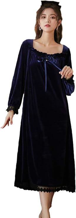 Women's Vintage Victorian Sleepwear Long Sleeve Fleece Nightgown Pajamas Nightwear Lounge Dress