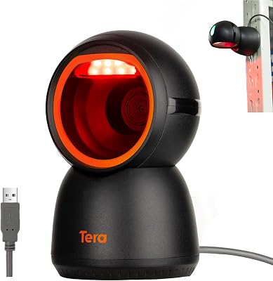 Tera 2D QR Omnidirectional Desktop Barcode Scanner Attachable & Stable Hands Free USB Wired Platform Bar Code Reader for POS System Supermarket Retail Store Shop Warehouse Screen Payment 9300