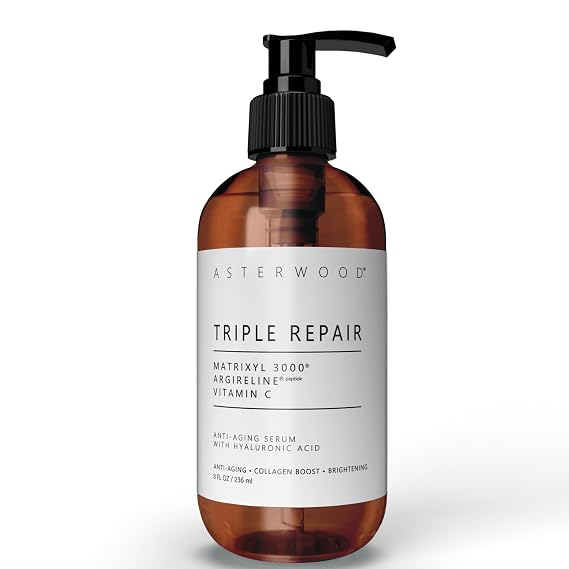 Asterwood Triple Repair Peptide Serum, Matrixyl 3000, Argireline & Vit. C | Minimizes Fine Lines & Stimulates Collagen, Formulated with Hyaluronic Acid, Cruelty-Free, 8 Fl Oz