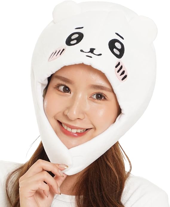 SAZAC Premium Chiikawa Kigurumi Hat - Beanie for Adults, Perfect for Halloween & Cosplay, Cozy & Warm with Strap - Luxurious Anime Cap