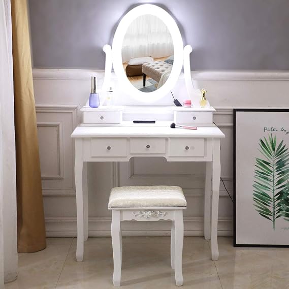 Vanity Table Set,Makeup Table with Lighted Oval Mirror & Stool, Bedroom Wood Dressing Table with 5 Drawers White