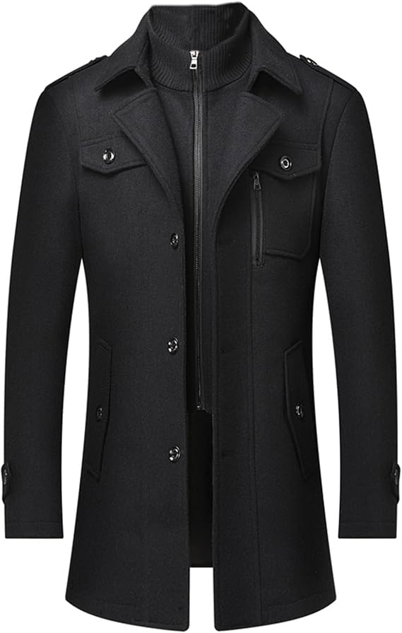 SOMTHRON Men's Wool Blend Trench Coat Slim fit Single Breasted Notch Lapel Winter Jacket Business Pea Coat Overcoat