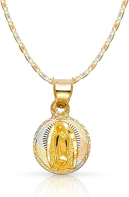 Ioka 14K Gold Virgin Mary Guadalupe Stamp Charm Pendant with 1.5mm Valentino Chain Necklace