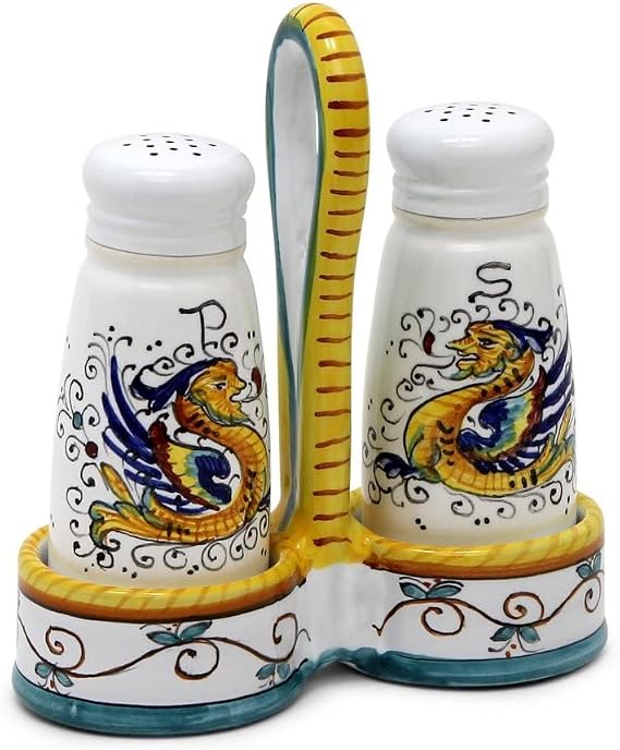 Raffaellesco Deluxe - Salt & Pepper Cruet Set, Hand-Painted Italy. | Authentic handcrafted in Deruta, Italy. Original design. Shipped from the USA with Certificate of Authenticity.
