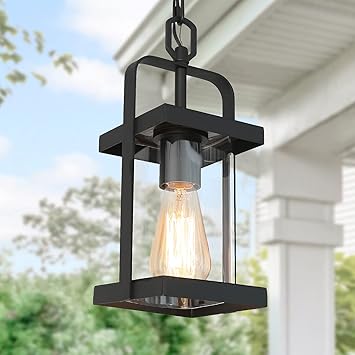 LALUZ Outdoor Pendant Light, 1-Light Outdoor Chandelier Hanging Light Fixture, Matte Black Exterior Ceiling Light with Clear Glass, Farmhouse Outdoor Hanging Lantern for Porch, Gazebo, Patio, Max 60W
