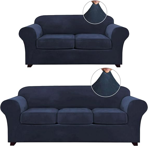 Real Velvet Stretch Chair Slipcovers Bundle 3/4 Pieces Sofa Covers, Furniture Protector, Plaid Pattern, Removable and Washable, Navy