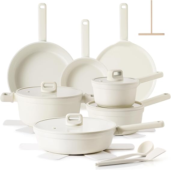 SENSARTE Ceramic Pots and Pans Set Nonstick, 20Pcs Ceramic Cookware Set Non Stick, Non-toxic Healthy Kitchen Cooking Set, Induction Compatible, Dishwasher Safe, PFAS/PTFE/PFOA Free, White