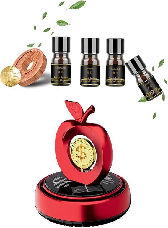 Solar Powered Rotating Car Air Freshener | Apple and Dollar Shape 3D Model | Home and Car Interior Decoration Accessories with 4 Extra Bottle Essential Oil Refills