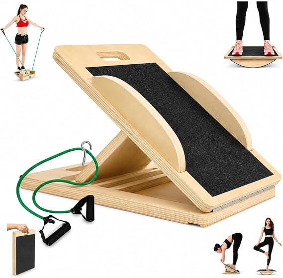 3-in-1 Portable Wooden Slant Board for Calf Stretching - Calf Stretcher & Incline Board Convertible to Balance Board + Resistance Band - 5 Angles, Anti-Slip Squat Wedge for Squats, Plantar Fasciitis, Achilles & Physical Therapy