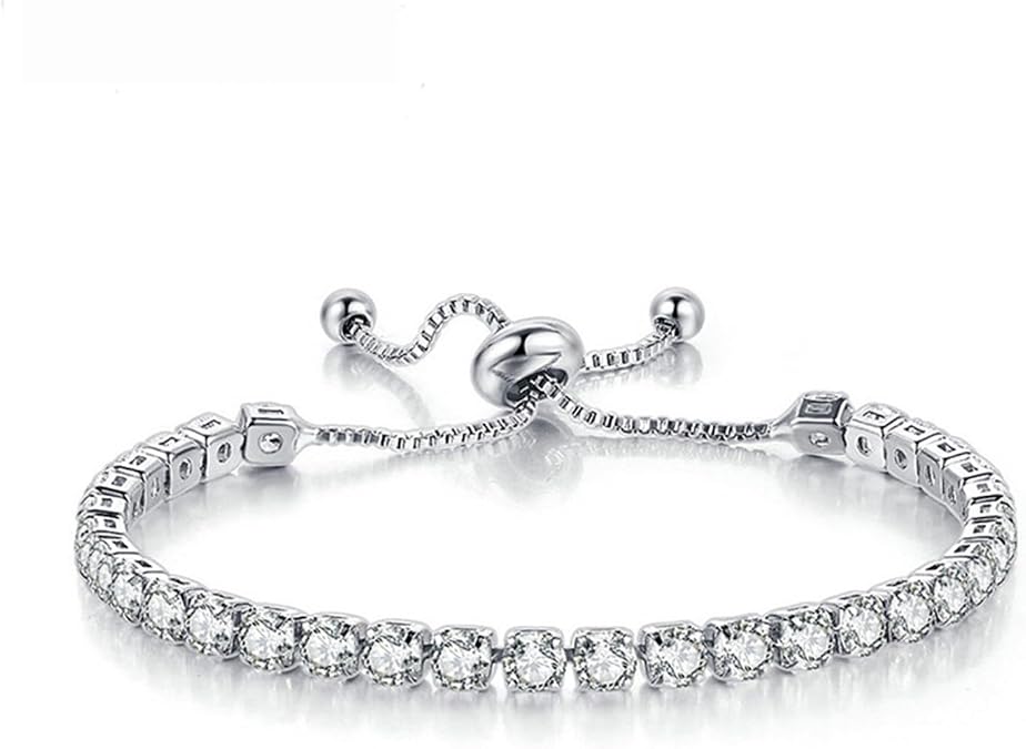 Tennis Bracelets, Tennis Bracelets for Women White Gold Plated Diamond Classic Adjustable Slider Bracelet Silver Fashion Jewelry Wedding Women Gifts Women (Silver/Rose Glod/Green)