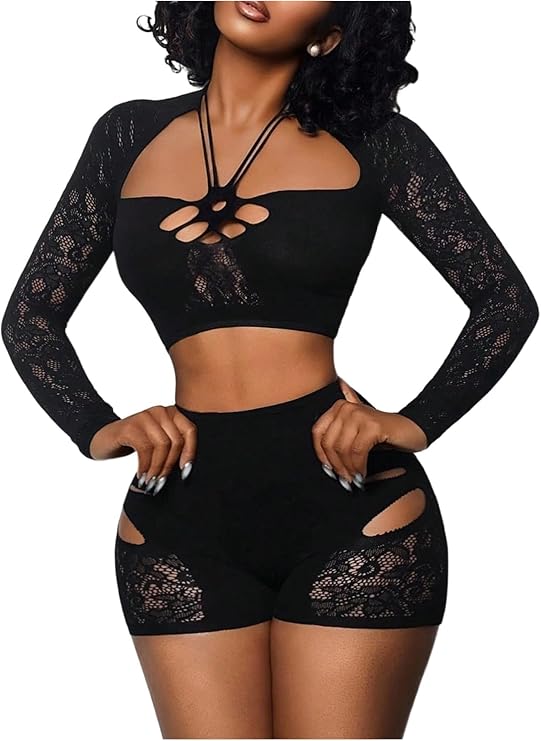 Milumia Women's 2 Piece Outfit Sexy Sheer Mesh Crop Top Skinny Shorts Sets | Fishnet Lingerie Sets, Cut Out, Stretchy, Nightwear, Rave, Club, Two Piece Long Sleeve Crop Top And Shorts