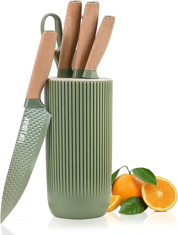 Kitchen Knife Set, Retrosohoo 6 Pieces Green Professional Knife Set with Universal Knife Block, Super Sharp Knife Set with Ergonomic Handle, Non-stick Stainless Steel Knife Block Set(Green)