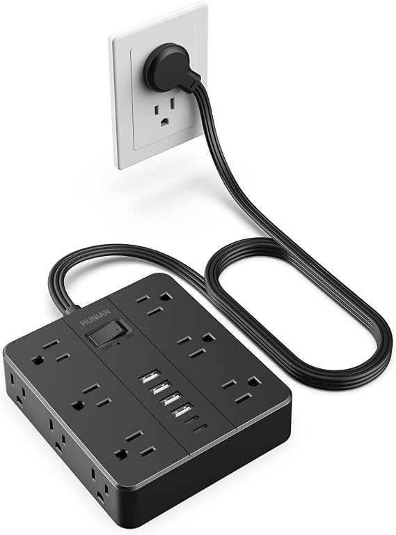 Flat Plug Power Strip, HUNIAN 5 Ft Extension Cord with 12 Widely Spaced Multiple Outlets 6 USB Charger (2 USB C Ports), Desk Charging Station for Home Office Supplies, Black
