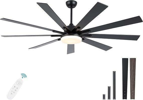 POCHFAN 72 Inch Ceiling Fans with Lights,Large Modern Ceiling fan with Remote and 9 Wooden Blades,Dimmable,6 Speeds,Noiseless Reversible Indoor&Outdoor Fan for Bedroom,Patio,Living Room