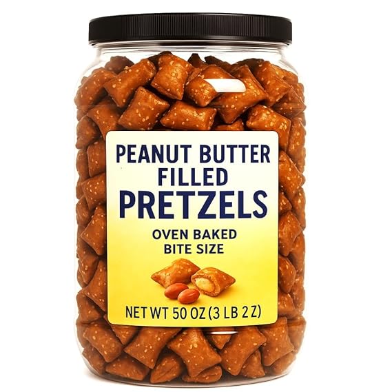 Peanut Butter Filled Pretzels, 50 oz Tub, Oven Baked Bite-Size Snack, Crunchy & Creamy, Salty and Sweet, Resealable Container (1 Pack)