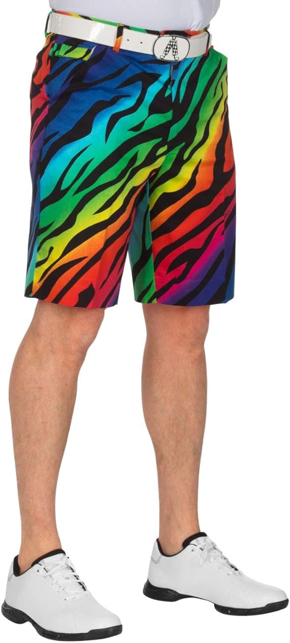 Royal & Awesome Wild Ones Mens Golf Shorts 32W, Crazy Shorts for Men with White Mens Golf Belt