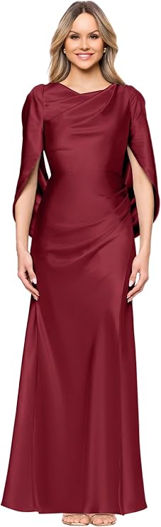 Betsy & Adam Women's Satin Bateau Neck Drape Sleeve Floor Length Dress