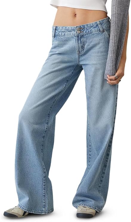 PacSun Women's Casey Low Rise Baggy Jeans Double Button Light Blue