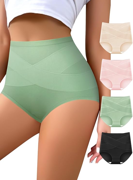 Women's High Waisted Underwear Slightly Tummy Control Cotton Panties Full Coverage Postpartum Briefs 4 Pack