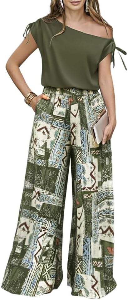 CHICME Women's Summer 2 Piece Set Floral Print Wide Leg Pants | Cold Shoulder Top, Side Pockets, Soft Relaxed Fit, Lightweight Fabric, Casual Wear, Travel Outfit, Vacation Style