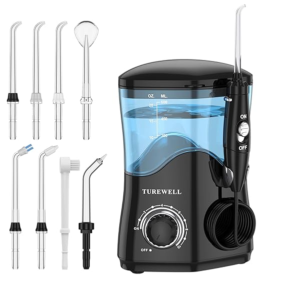 TUREWELL Water Dental Flosser for Teeth/Braces, Water Teeth Cleaner | 8 Jet Tips and 10 Pressure Levels, 600ML Large Water Tank Oral Irrigator for Family(Black)