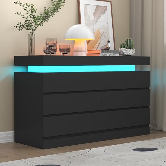 Gyfimoie 6 Drawer Dresser with Power Outlet, Dresser with LED Light | Modern Chest of Drawers for Closet, Wide Drawer Organizer Cabinet for Bedroom,Living Room