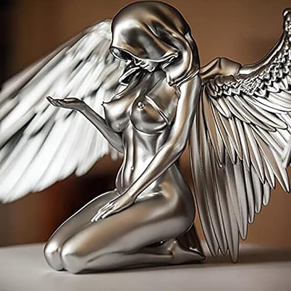 Angel Fairies Figurine - Kneeling Cloak Hat Nude Sexy Human Body Silver Resin Statue, Female Wing, 3D Art Decor, Redemption Creative Sculpture