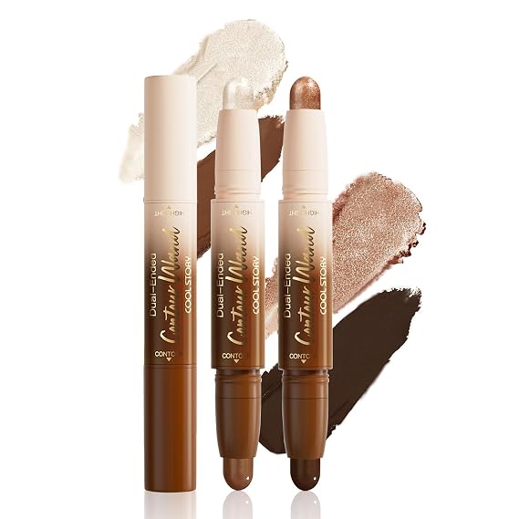 2 Pcs Dual-Ended Contour Highlighter Stick,2 in1 Neutral Cream Bronzer Makeup Sticks Highlighter Pen Buildable and Easy to Apply Long Lasting No Smudging (#5+#6)