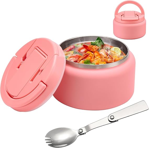 BABHAMNESS 13.5oz Soup Thermo for Hot Food Kids Insulated Vacuum Food Jar with Buckle Lid,Wide Mouth Leakproof Stainless Steel Lunch Container with Spoon-Pink