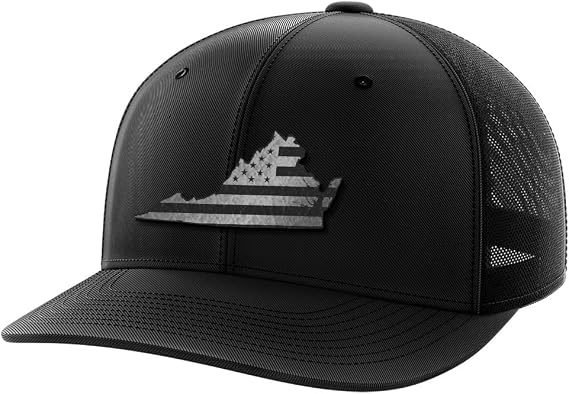 Greater Half Virginia Blk Leather Patch Trucker Hat USA Made Adjustable Snapback Mesh Cap United 6-Panel Mid Profile