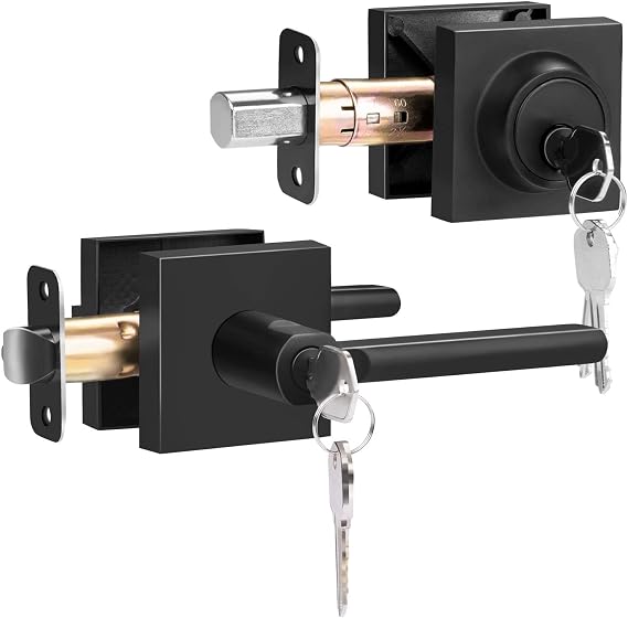 HOSOM Entry Door Handle and Single Cylinder Deadbolt Front Door Lock Set, Keyed Alike Heavy Duty Exterior Door Lock Set, Door Lever with Lock & Keys for Office, Reversible Matte Black